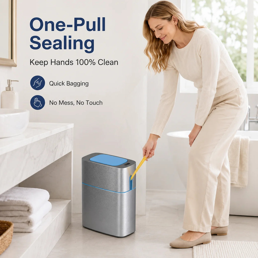 Premium Stainless Steel Smart Trash Can, 2.8 Gallon Touchless Motion Sensor Garbage Bin with Lid, Fingerprint-Resistant Slim Waste Container for High-End Bathroom & Kitchen, Includes 120 Drawstring Bags (8 Rolls)
