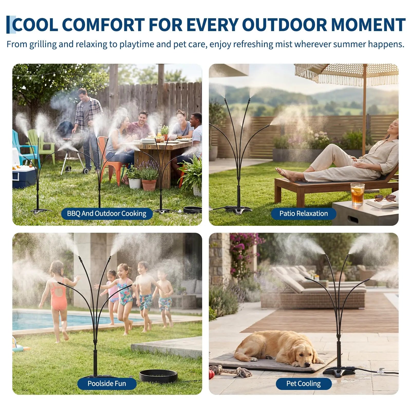 Outdoor Standing Misting System With 4 Adjustable Mist Heads, 29FT Hose, Built-In Switch, Connectable Patio Cooler BBQ Pool Lawn