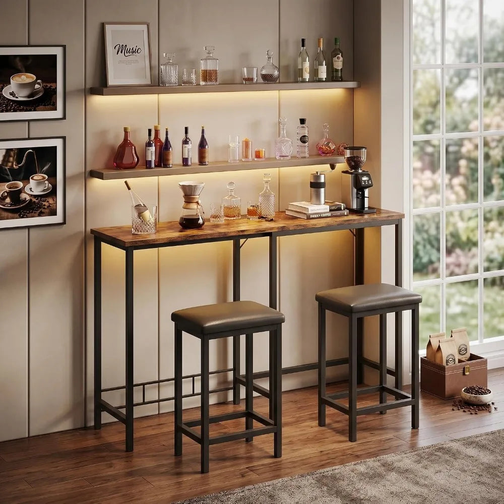 L-Shaped Bar Table Set with Counter Height, USB Charging, Cable Management, Space-Saving Pub Table, 2 Padded Stools