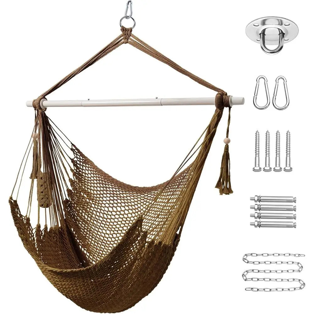Hanging Rope Swing Chair with Removable Steel Bar, Anti-Slip Rings, for Indoor/Outdoor Use, Up to 500 lbs