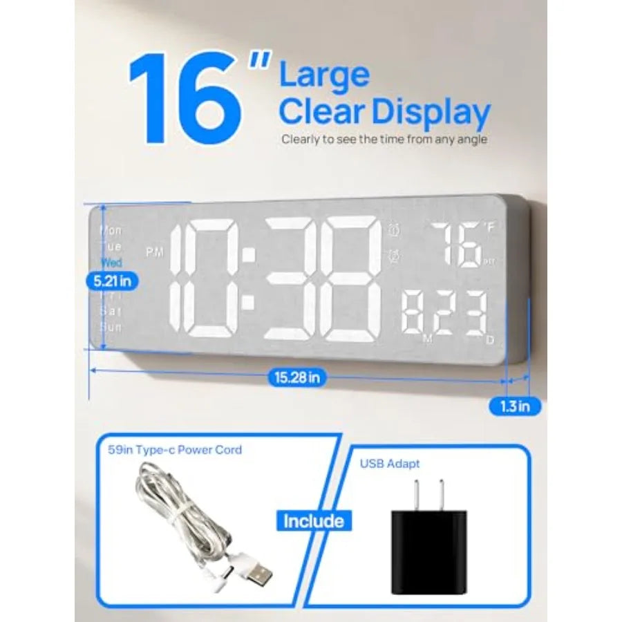 2026  16" Large Display Digital Clock with Remote Control, Auto-Dimming Wall Clock with Night Light,