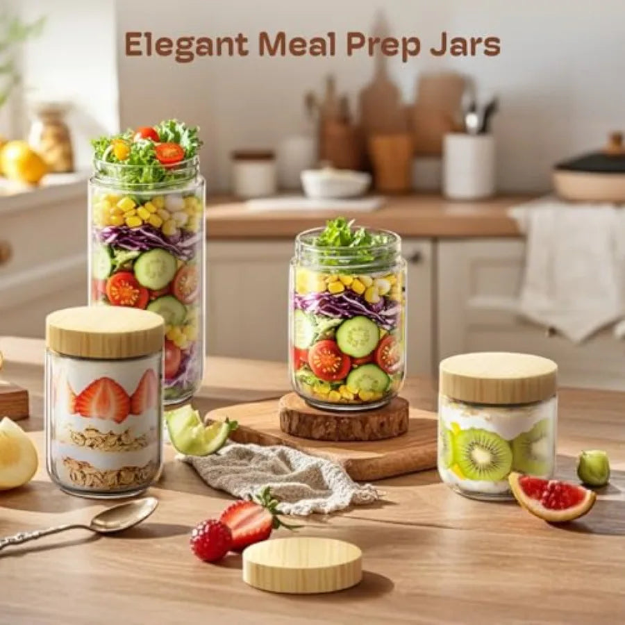 6 Pack 16oz Overnight Oats Containers with Bamboo Lids, Glass Jars with Airtight Lids for Meal Prep, Wide Mouth Mason Salad Jar