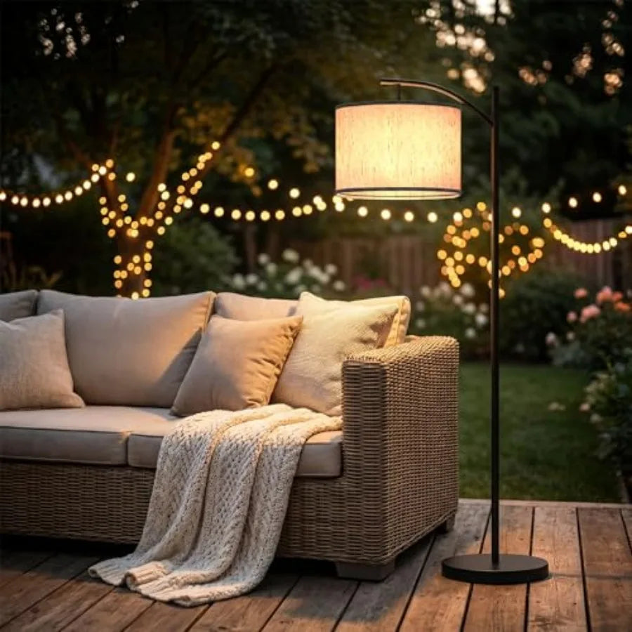 Solar Outdoor Floor Lamp for Patio, Cordless Arc Standing Lamp with Heavy Base and Weatherproof Shade