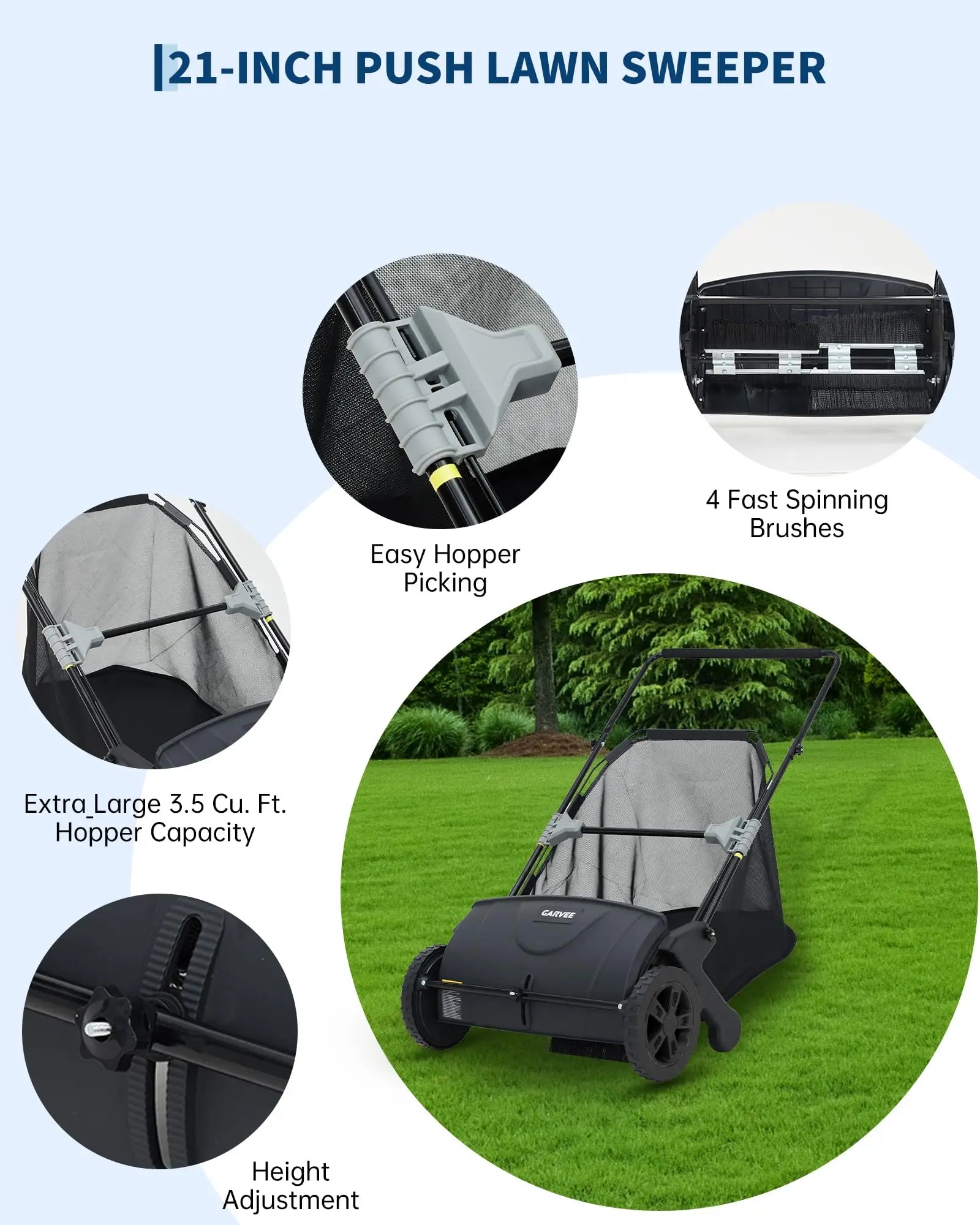 21 Inch Push Lawn Sweeper 3.5 Cubic Feet Hopper Leaf And Grass Collector 4 Spinning Brushes Adjustable Brush Height Manual Yard Sweeper For Grass Clippings Leaves And Light Debris
