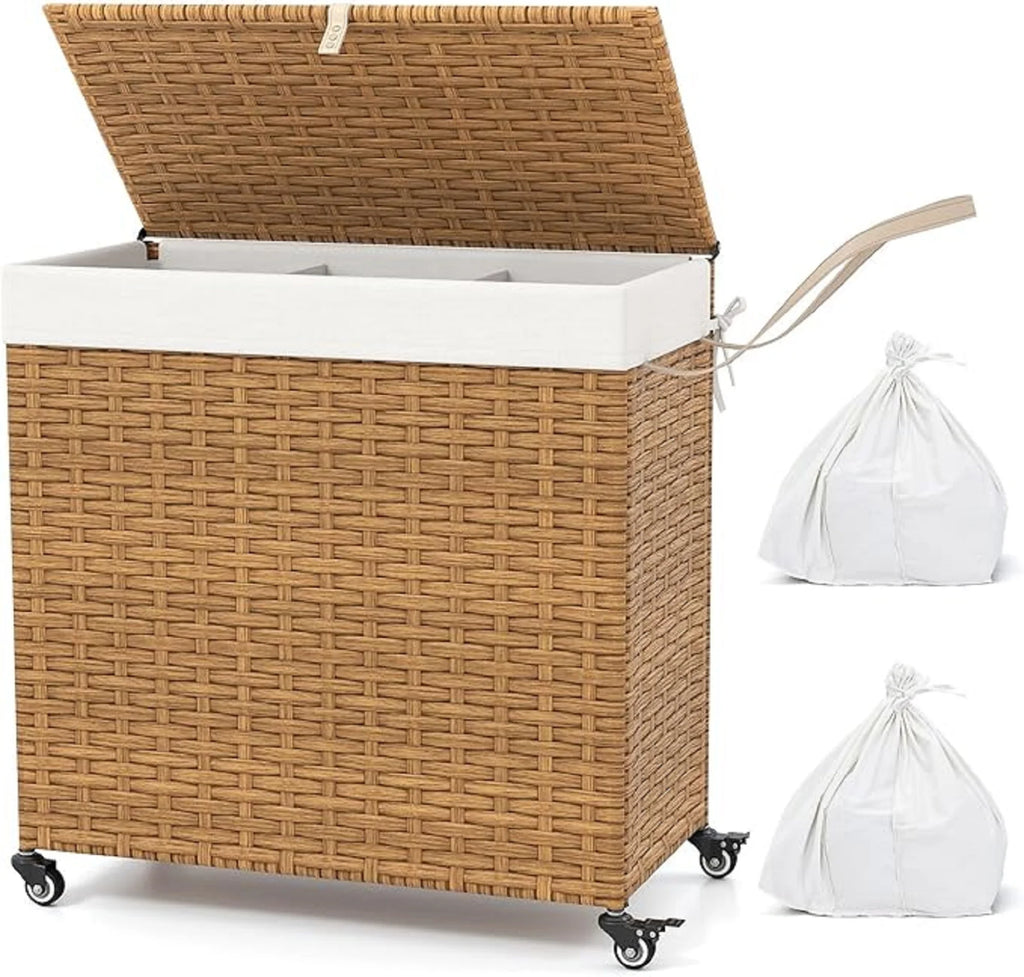 125L Hand Woven Rattan Laundry Basket with 3 Divided Sections, Handles