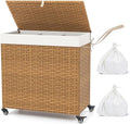 125L Hand Woven Rattan Laundry Basket with 3 Divided Sections, Handles