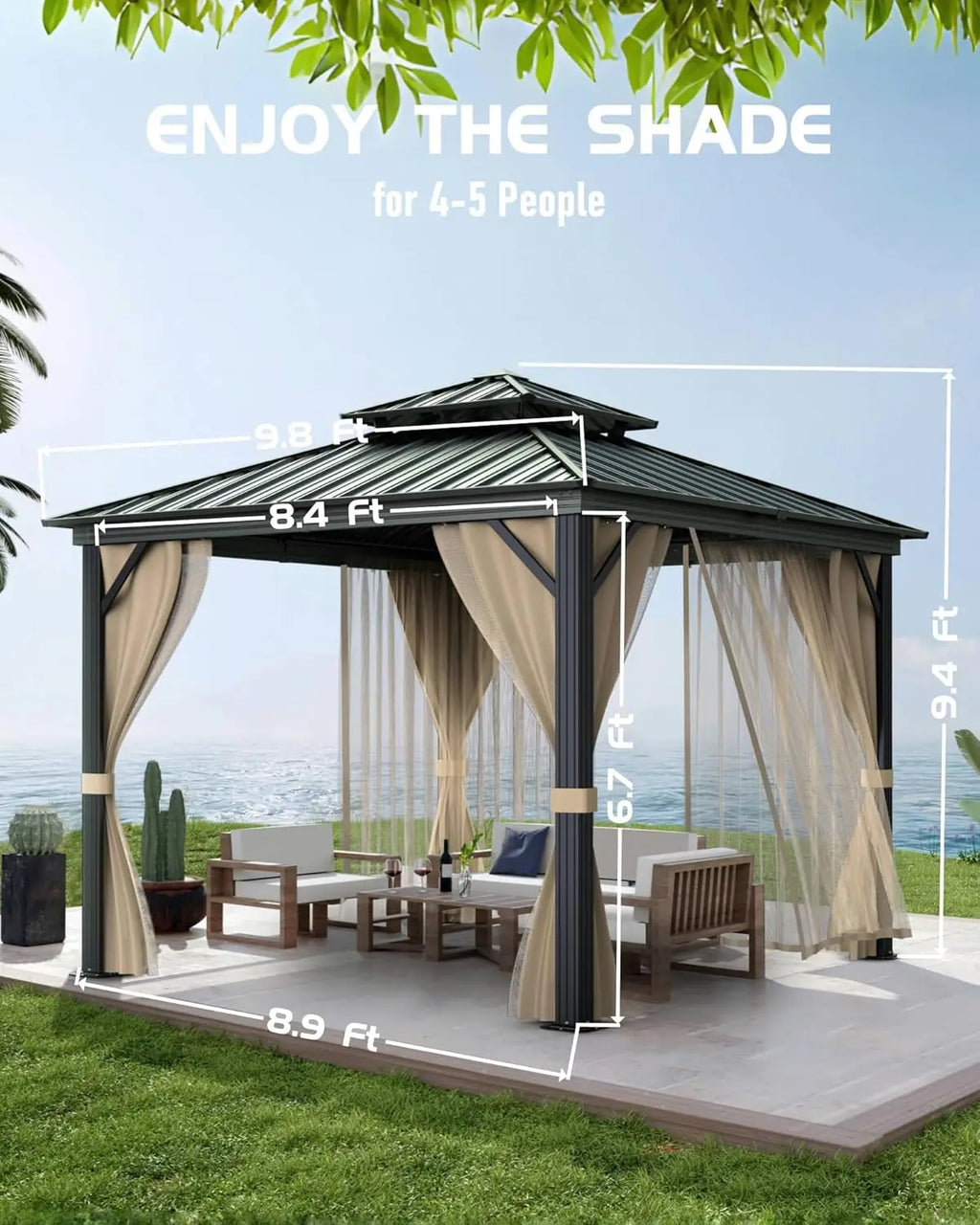 Hardtop Gazebo 12x12 ft, with Reinforced Aluminum Frame, Double Metal Roof, Net, and Curtain, Pergola for Patio, Deck, Backyard, Lawn, and Garden