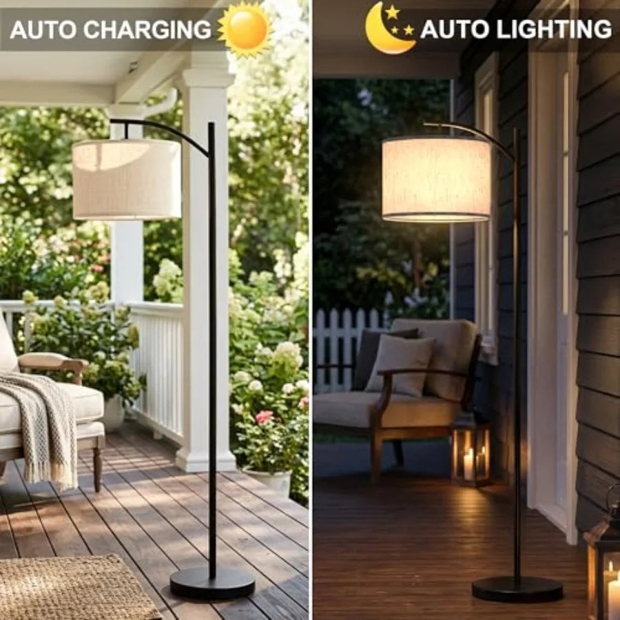 Solar Outdoor Floor Lamp for Patio, Cordless Arc Standing Lamp with Heavy Base and Weatherproof Shade