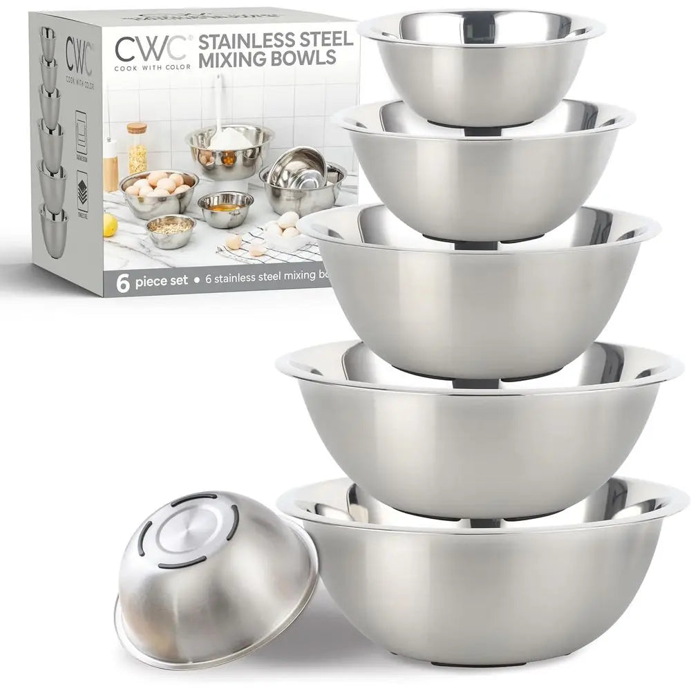 6-Piece Stainless Steel Mixing Bowl Set with Non-Slip Bottoms, Silver