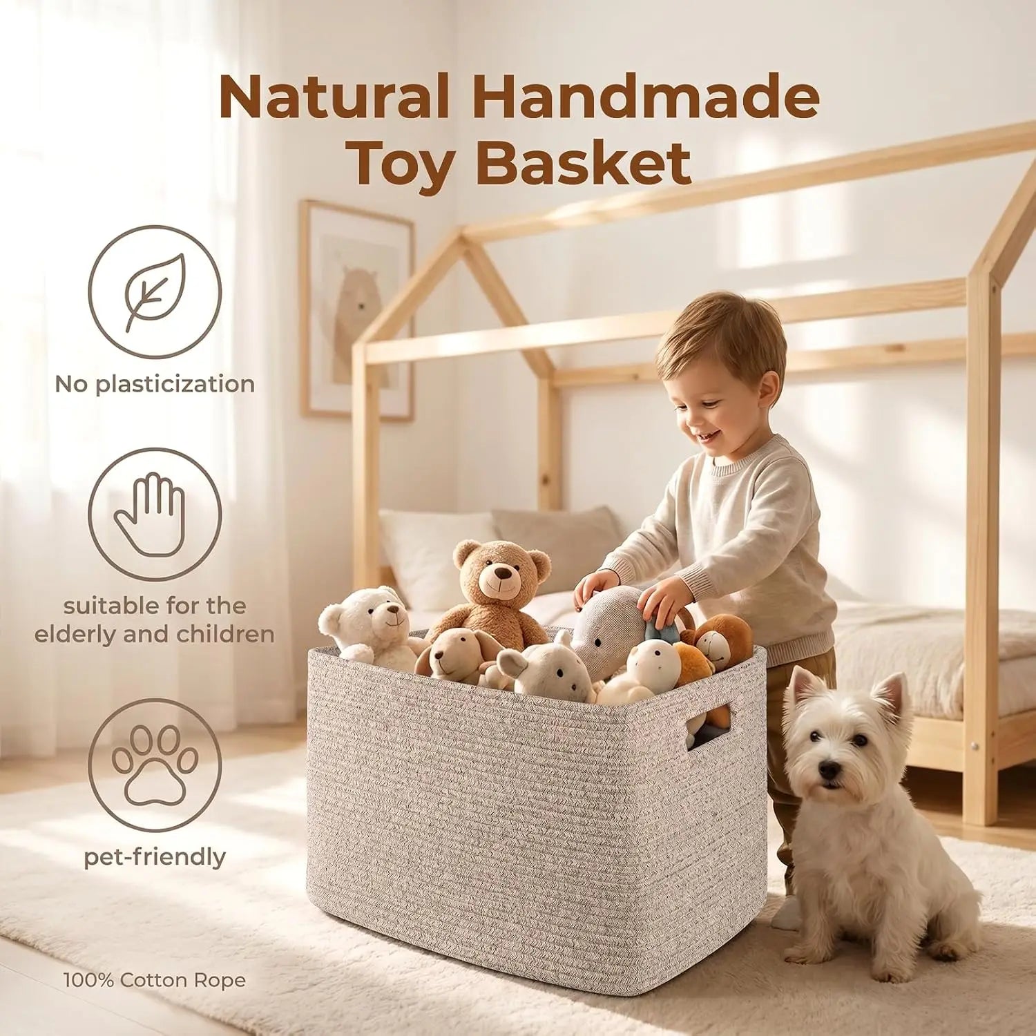 Basket with Handle for Organizing Blanket and Toys for Living Room, Nursery, Brown Variegated 22”x17”x12”