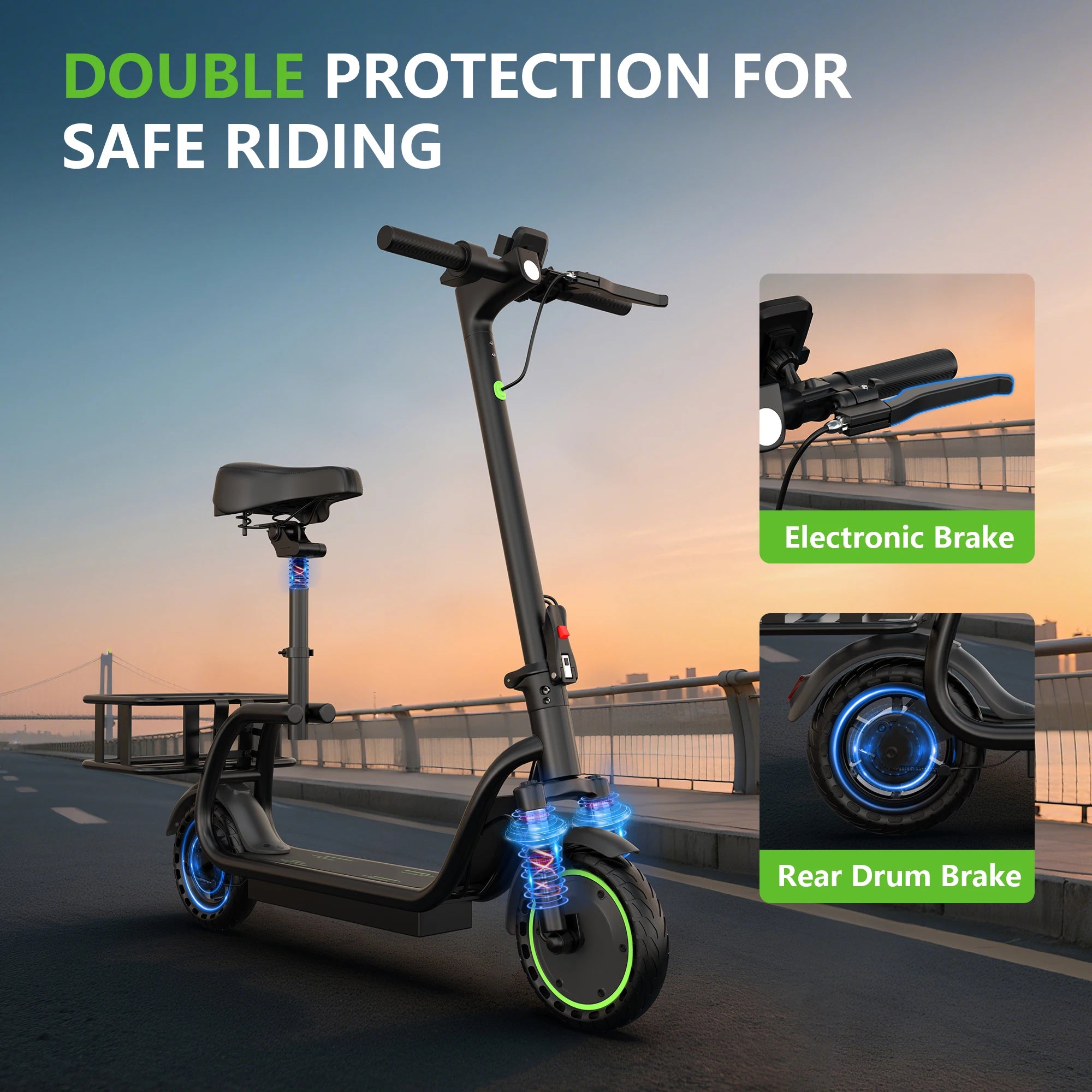 8.5'' Electric Scooter with Seat & Basket 15miles Max Range 19MPH Max LED Lights 265lbs Max Load
