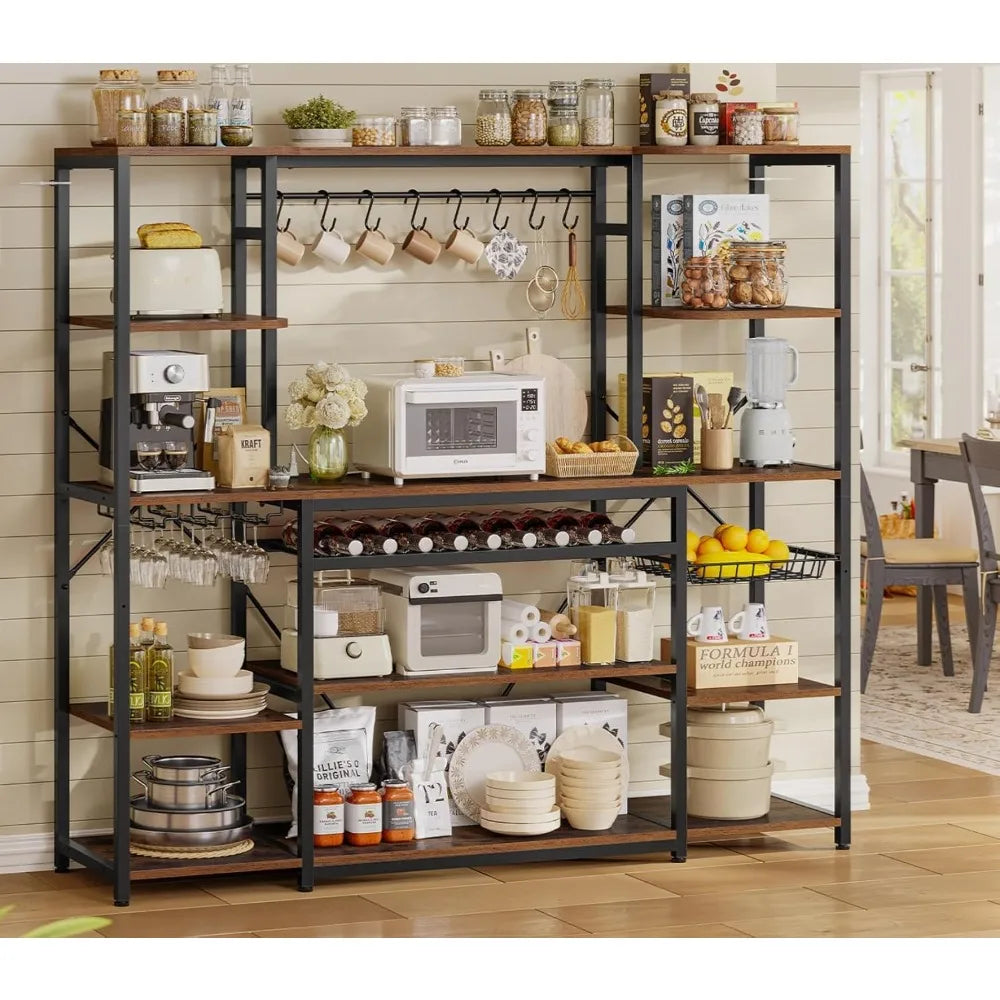 Large Bakers Rack with Power Outlet, 62.4in Wide Kitchen Microwave Stand with Storage Shelves, 5-Tier Coffee Bar, Customized