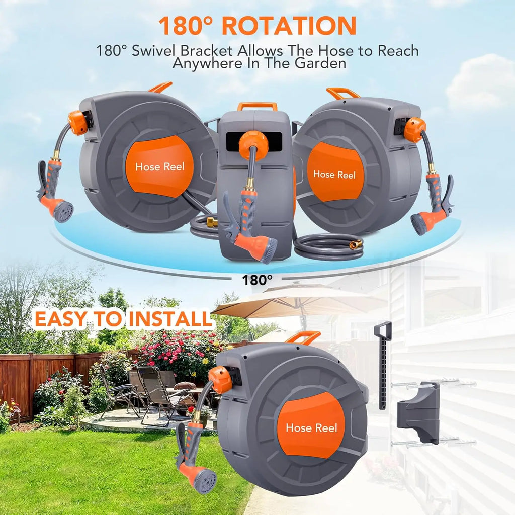 Retractable Garden Water Hose Reel 1/2 In x 100 FT, Wall Mounted for Outside with 9 Function Sprayer Nozzle  Automatic Rewind