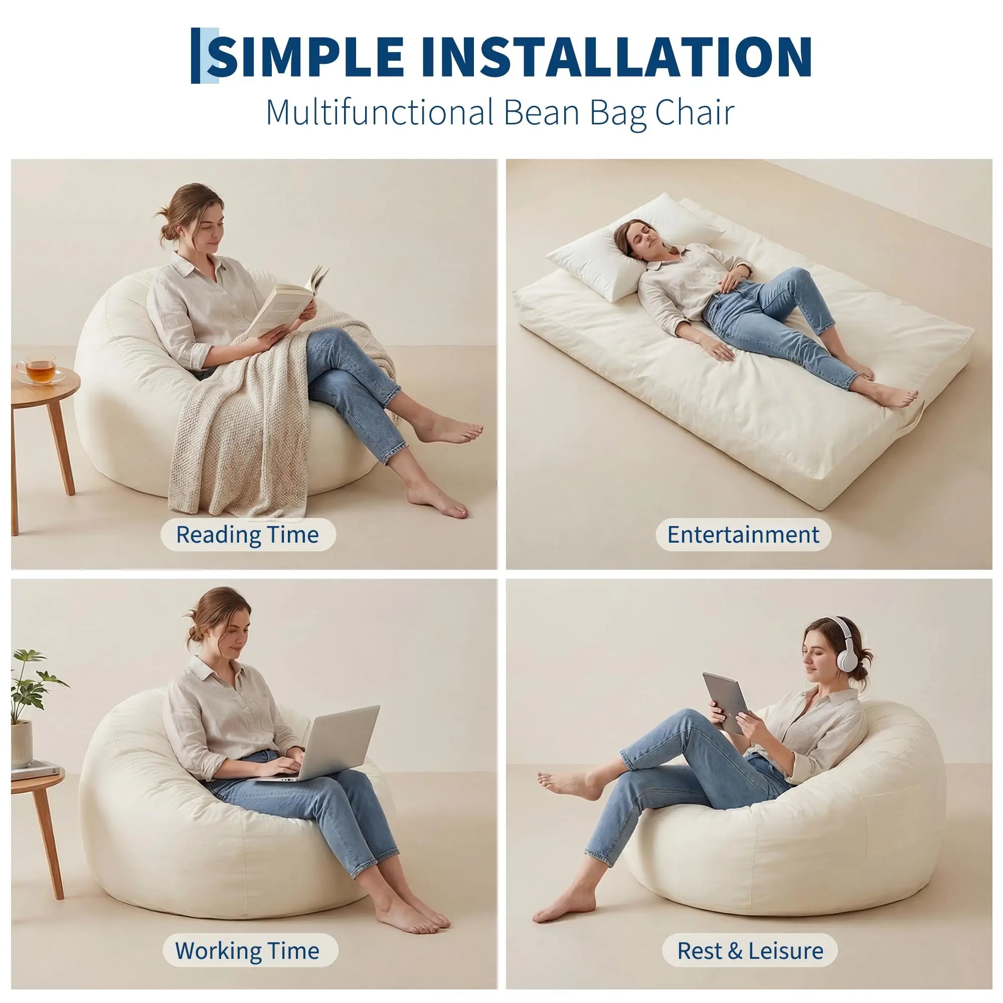 4 In 1 Convertible Bean Bag Bed, Memory Foam Floor Sofa, Flannel Cover With Inner Liner For Home