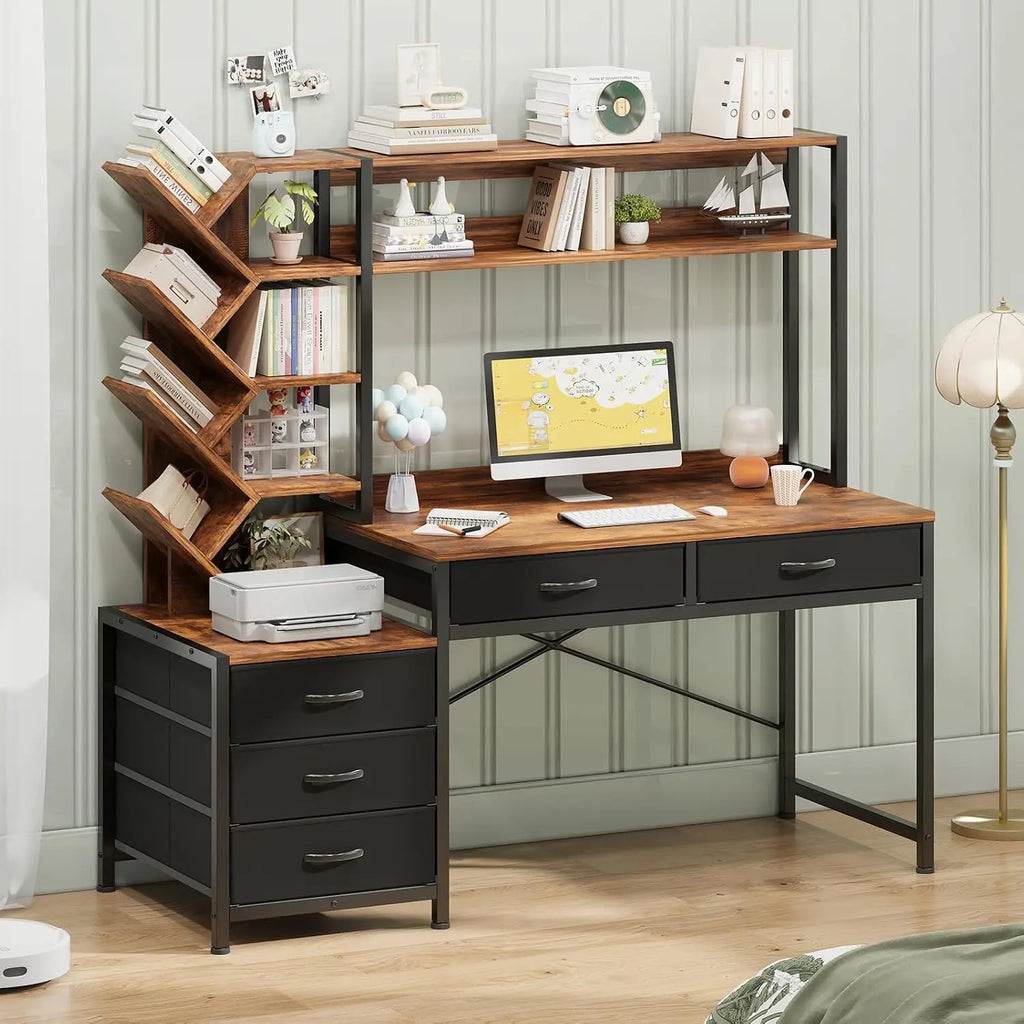 Reversible Computer Desk with Hutch with 5 Drawers and Bookshelf, 52''