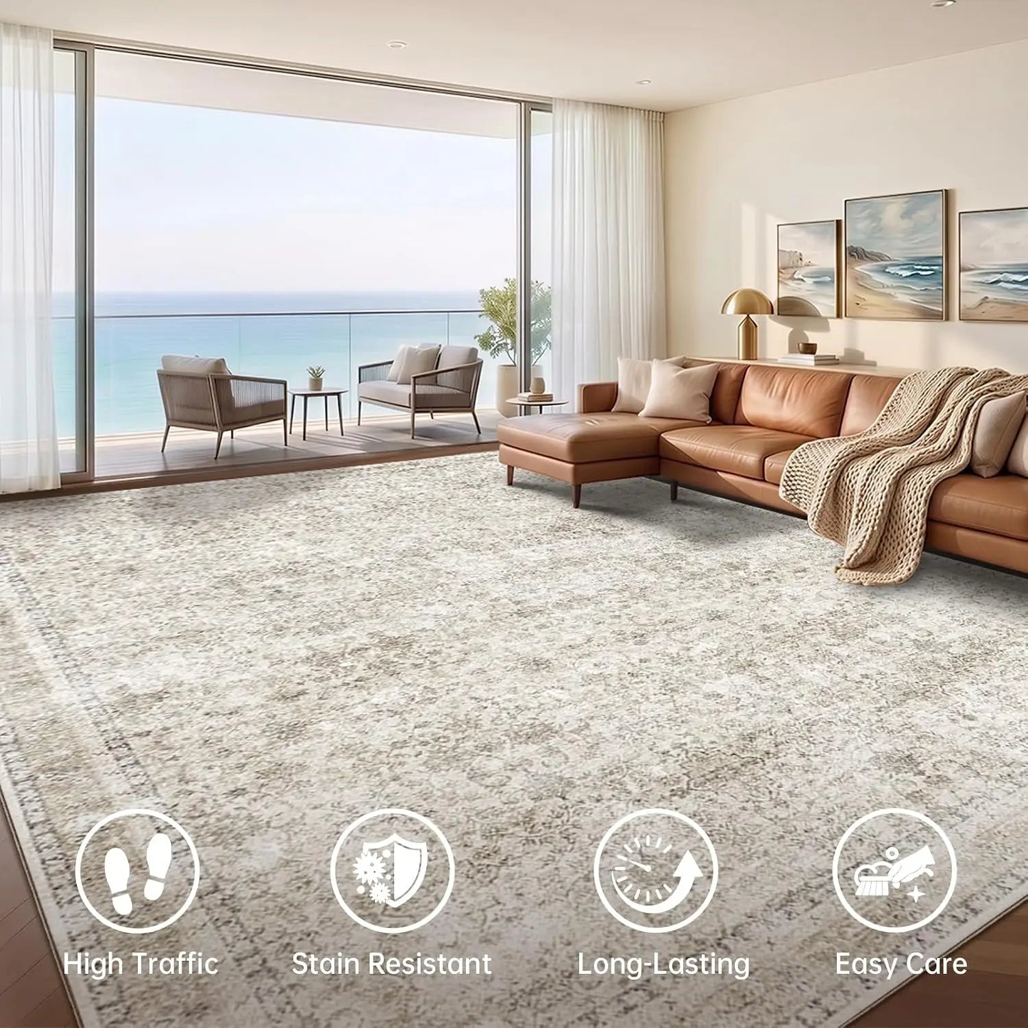 8x10 Area Rugs, Ultra-Soft Washable Rug, Low Pile Foldable Thin Carpets with Non-Slip Backing, Skin-Friendly Stain Resistant Carpet for Living Room, Bedroom, Kitchen, Dorm, 8x10, Beige