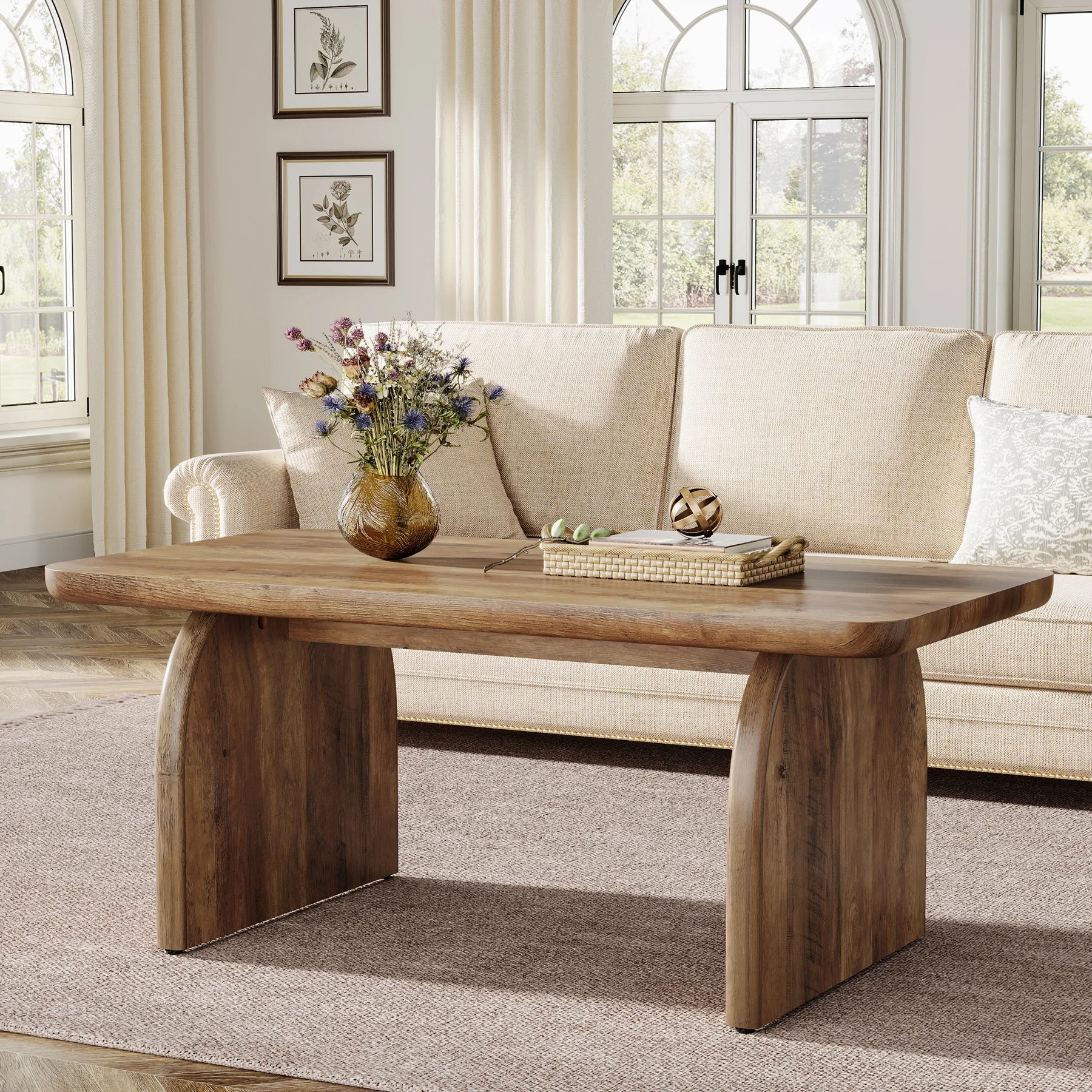 Farmhouse Rectangular Coffee Table, 47.24-Inch Engineered Wood Center Cocktail Tea Table with Sturdy Base