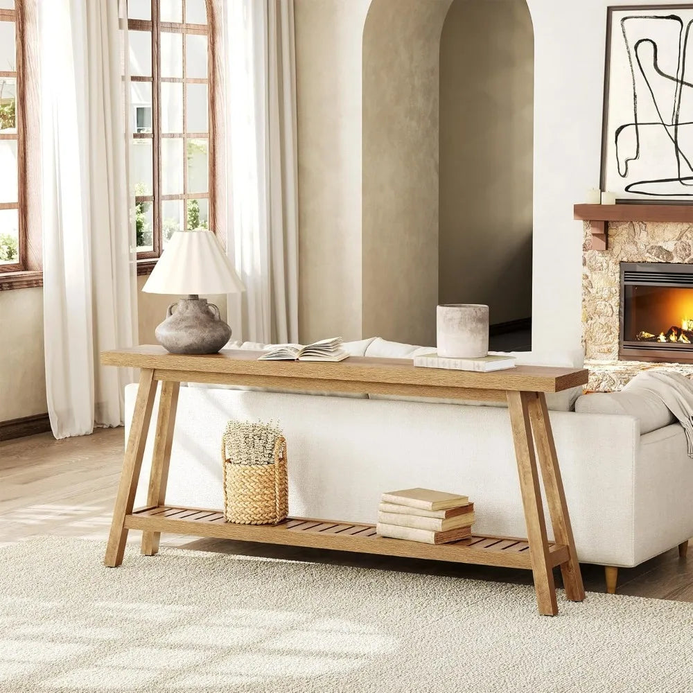 Extra Long Console Table for Entryway, 2-Tier Narrow Wood Sofa Table Behind Couch