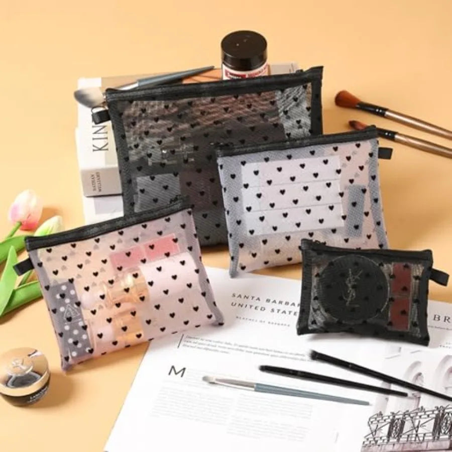 4-Piece Heart Printed Mesh Makeup Bag Set, Portable Travel Mesh Cosmetic Bags Toiletry Bags Makeup Purse Bags Mesh Zipper Storage