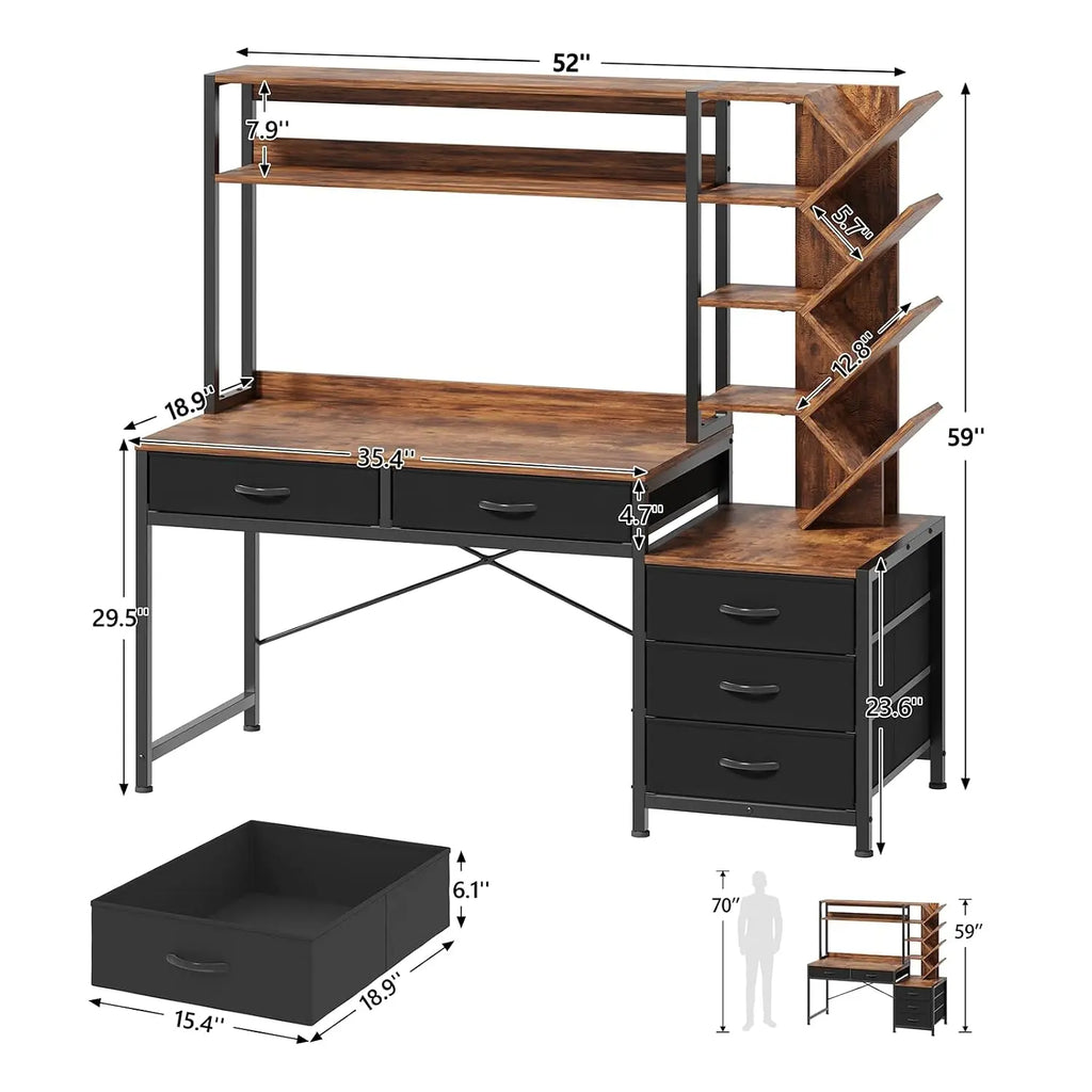 Reversible Computer Desk with Hutch with 5 Drawers and Bookshelf, 52''