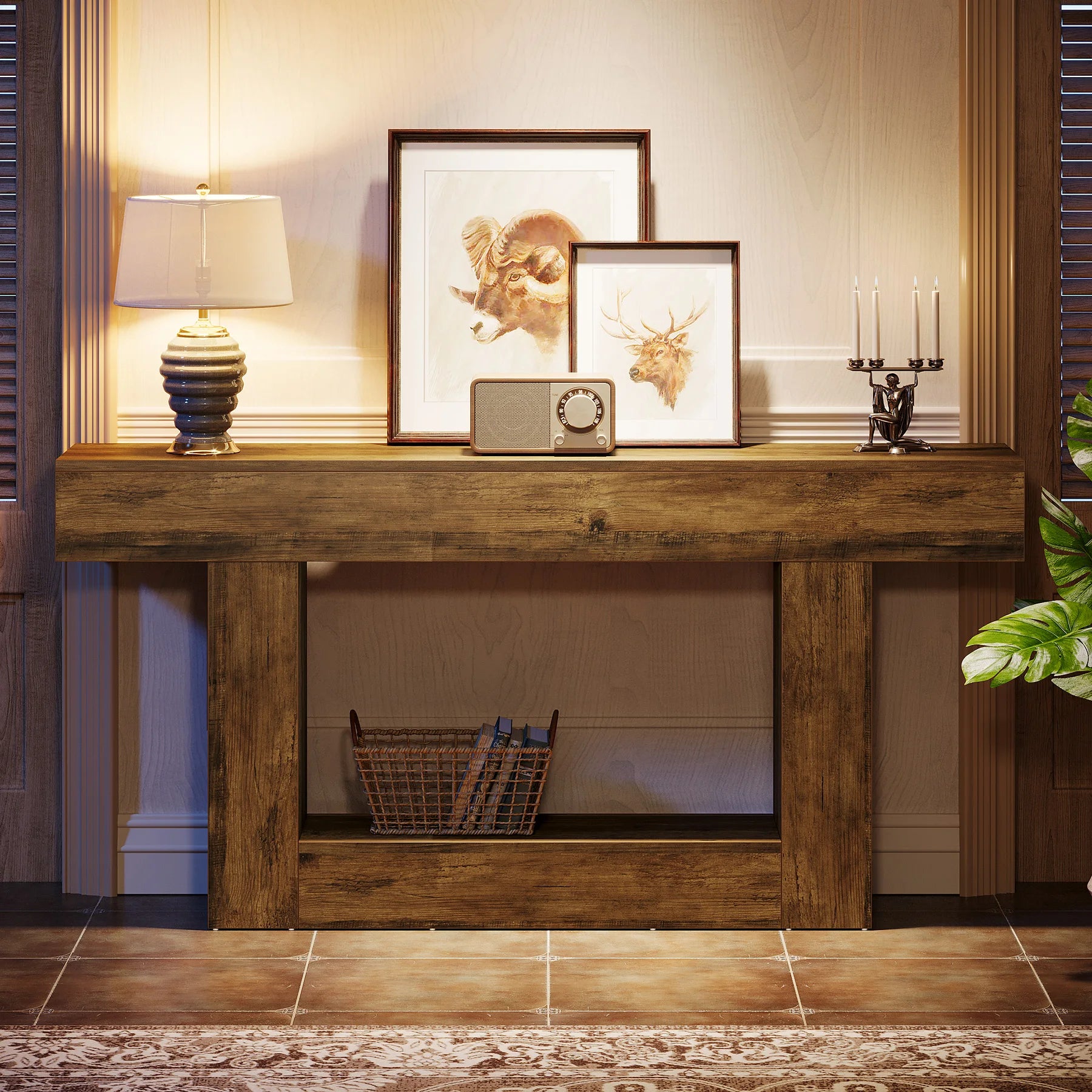 Farmhouse 2-Tier Entryway Table with U-Shaped Base.