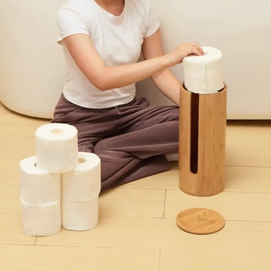 Bamboo Toilet Paper Storage with Dual-Use Lid, Freestanding