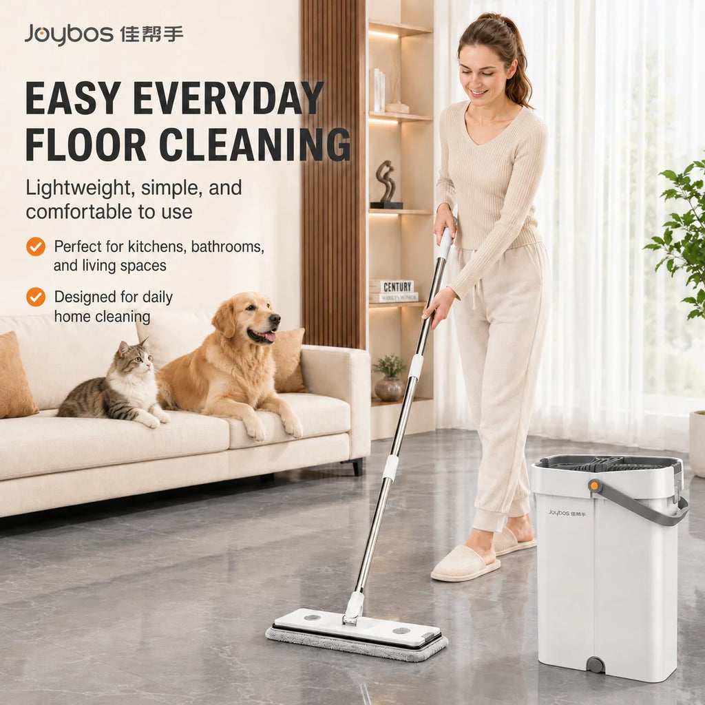 Hands-Free Wash & Dry Floor Mop Set with 2 Microfiber Pads, 360° Swivel Mop with Squeegee Edge for Hardwood Tile Laminate