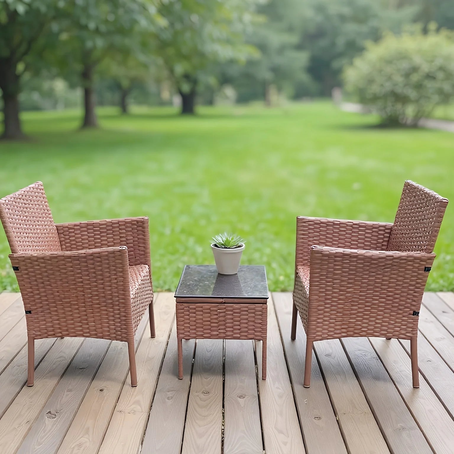 3 piece Rattan Conversation Bistro Set With 2 Chairs & Glass Top Side Table, Brown