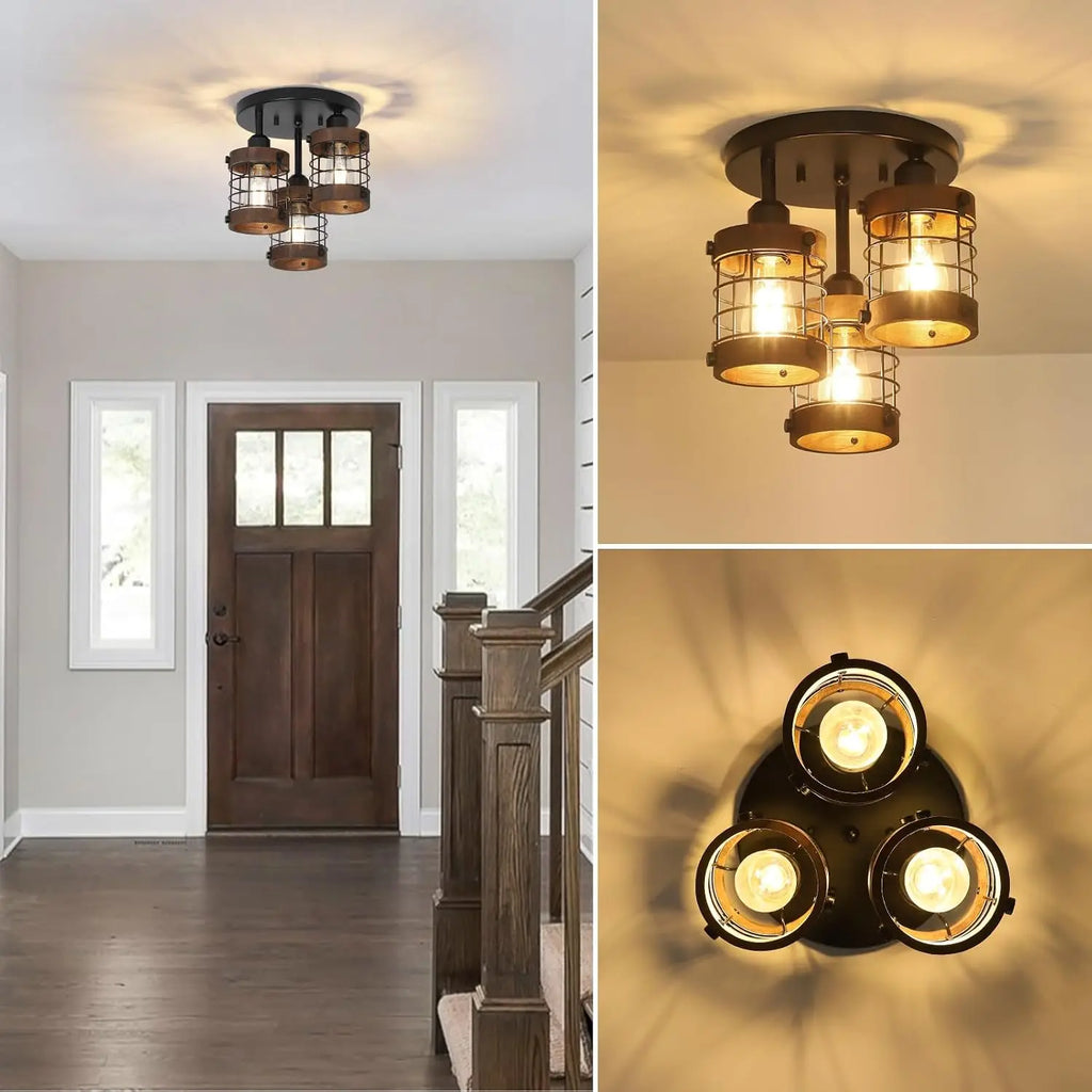 Farmhouse Chandelier with Wooden Cage Shade, Black Hallway Light Fixture for Entryway Bedroom