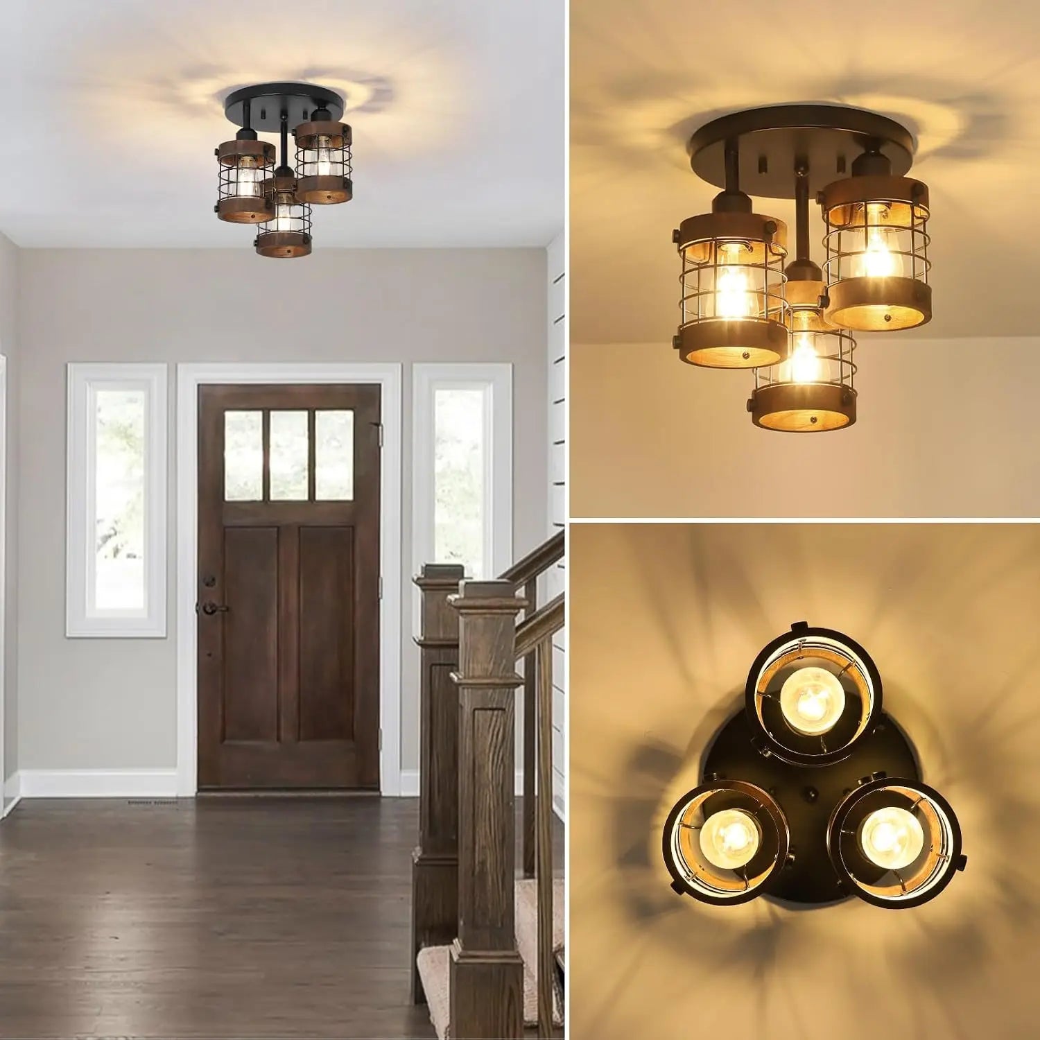 Farmhouse Chandelier with Wooden Cage Shade, Black Hallway Light Fixture for Entryway Bedroom