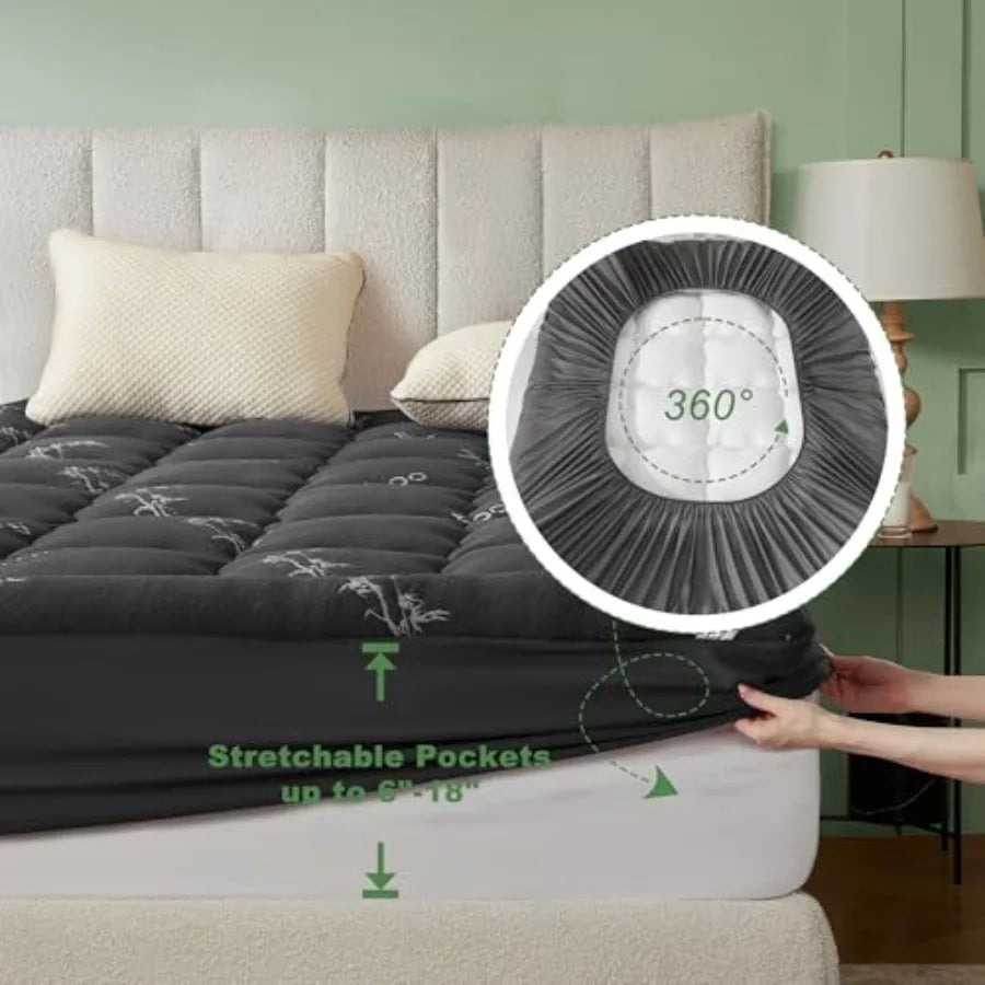 Viscose Derived from Bamboo, Thick Pillow Top Mattress Pad with Stretchable Pockets for 6-18 Inch Mattress