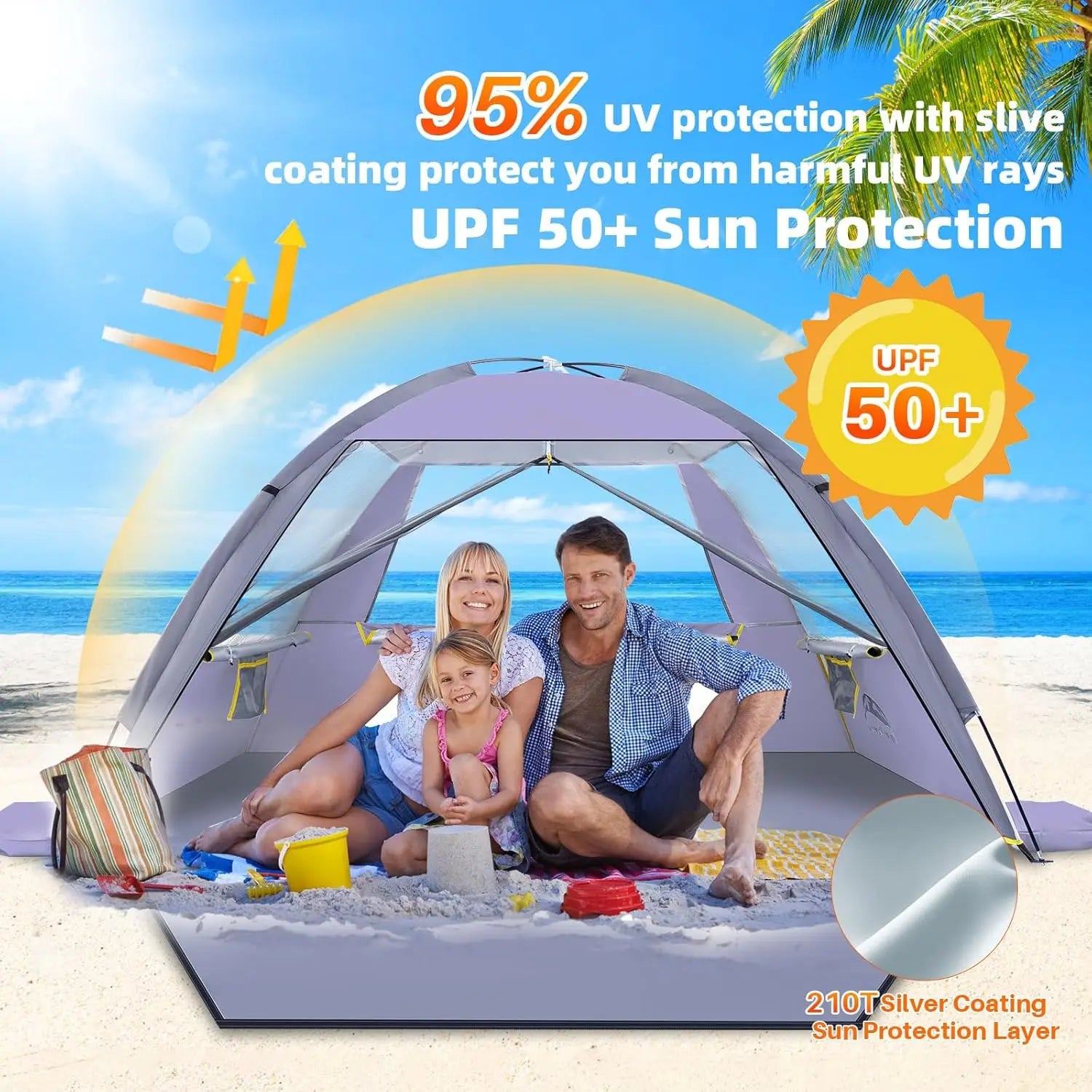 Beach Tent, UPF 50+ UV Protection Sun Shade Shelter for 3/4/5/6/7/8 Person, Portable Beach for Family & Baby, Lightweight & Easy