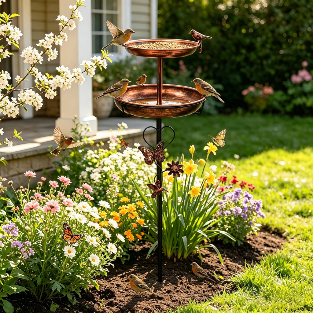 2-Tier Metal Birdbath Feeder Bowls for Garden Patio Yard Lawn Decor 5-Pronged Base