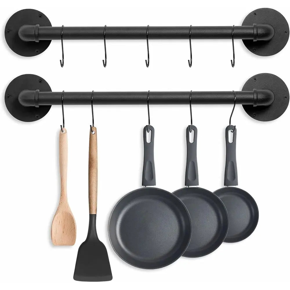 Wall Mounted Pot Pan Rack Set with 21 Industrial Style Utensil Holder and 10 S Hooks for Kitchen Storage