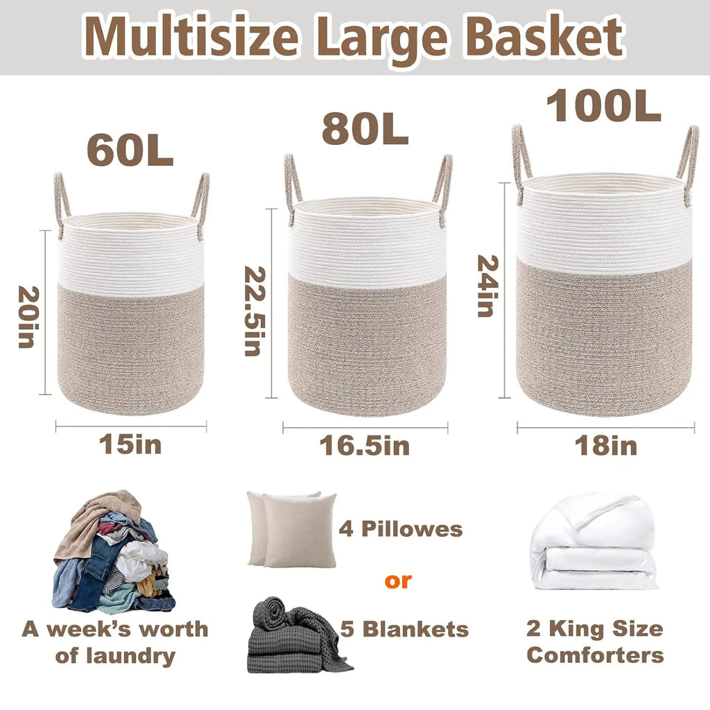 Large Woven Laundry Basket Hamper,60L Cotton