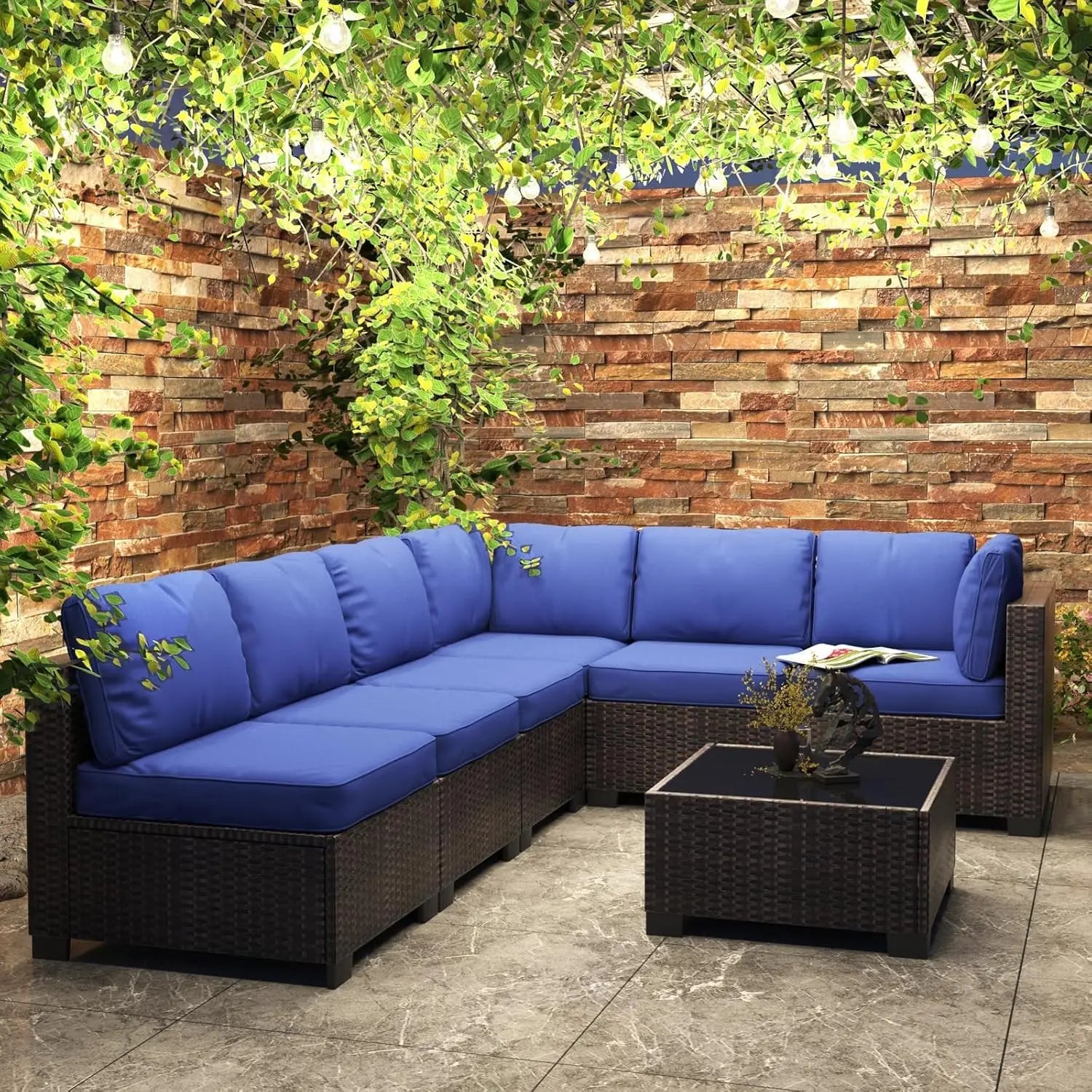 7-Piece Rattan Wicker Sectional Modular Conversation Sofa Set