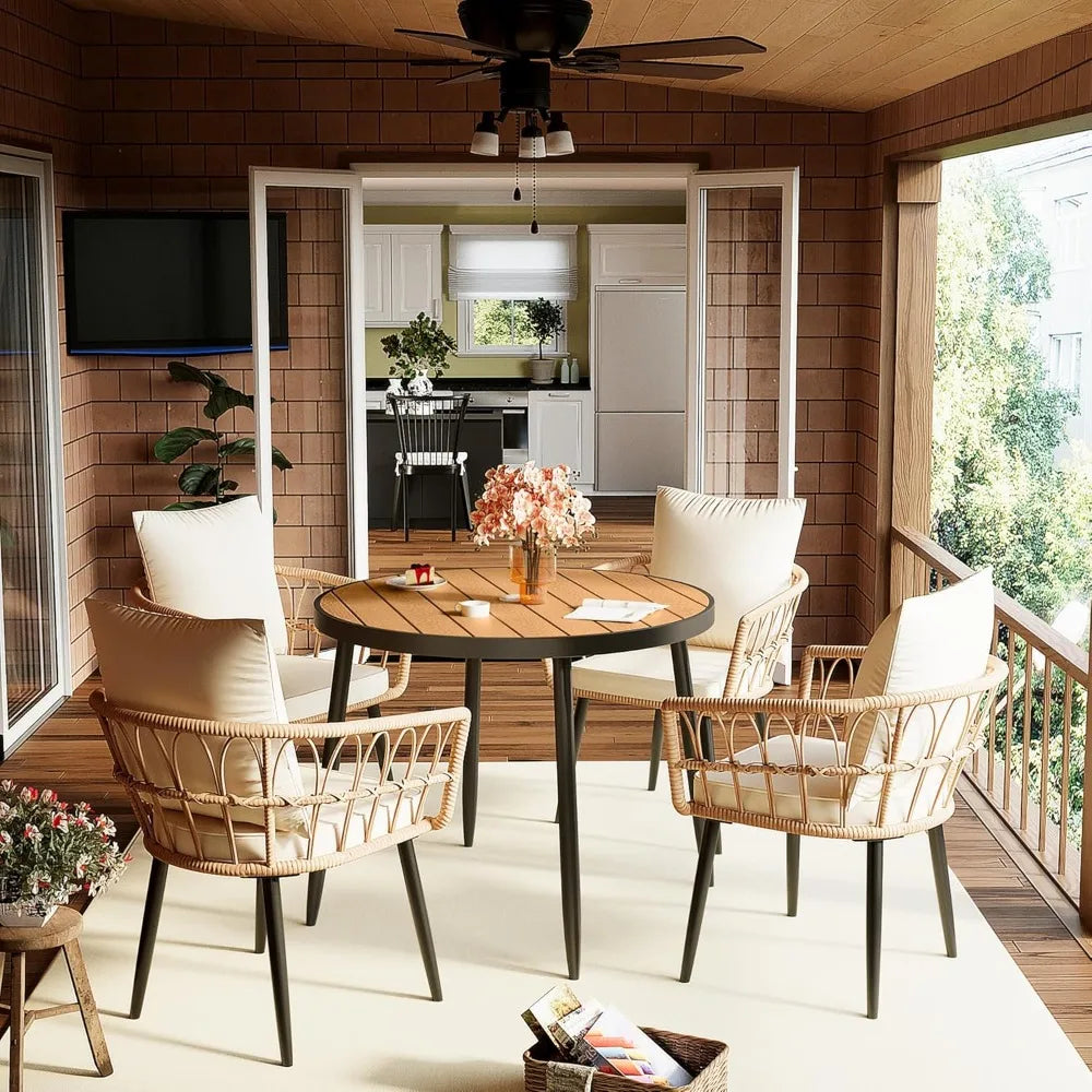 5 Pieces Patio Dining Set, All-Weather PE Rattan Patio Furniture Set with Wood Table Top