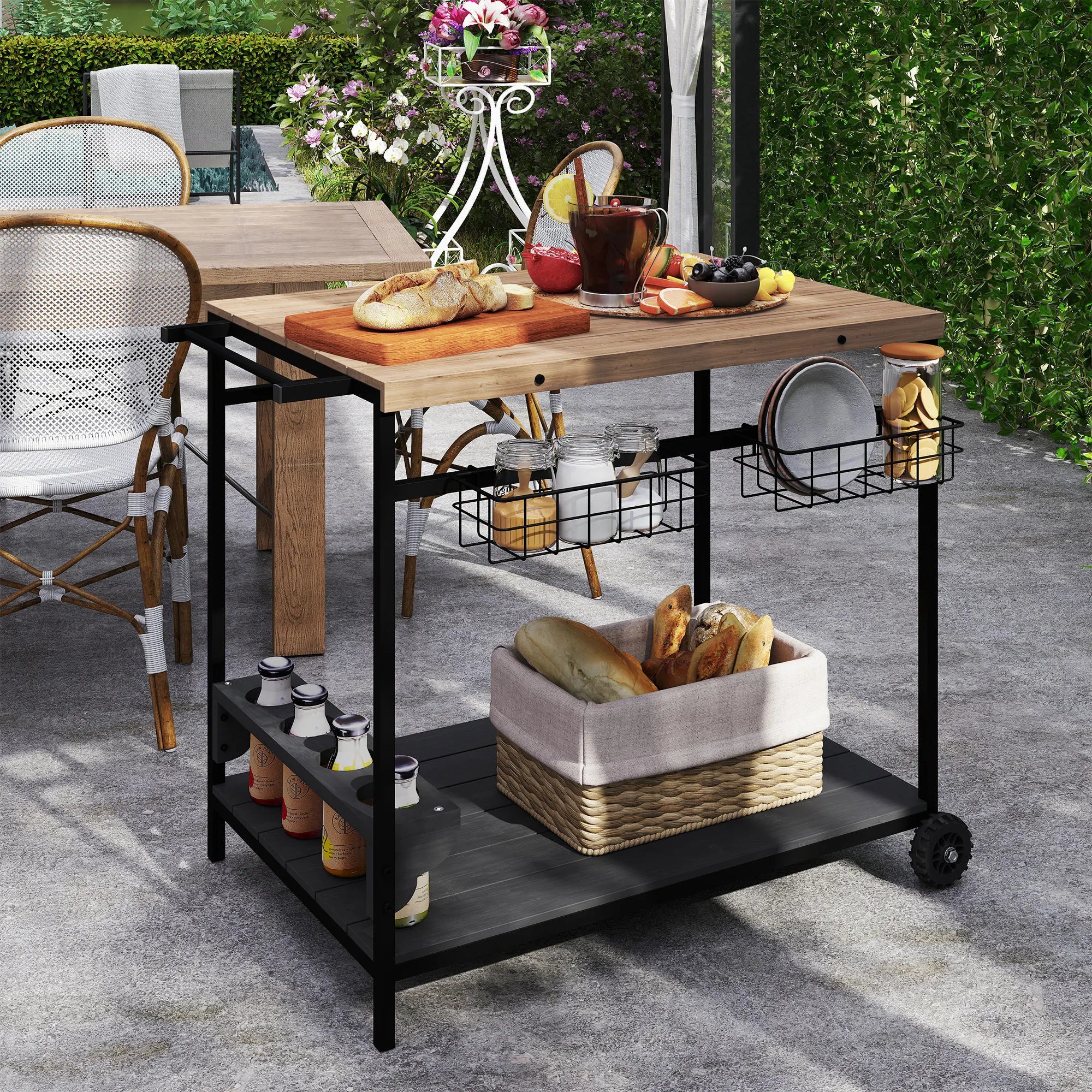 Patio Serving Cart with Wine Holders Natural