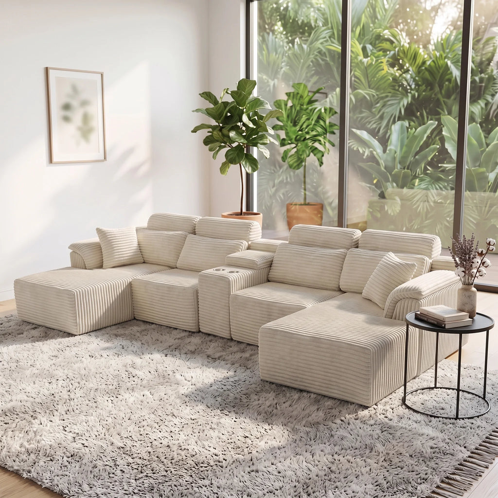 Modern Modular U-Shaped Sectional Sofa, Compressed Corduroy Couch with Storage Console & Cup Holders