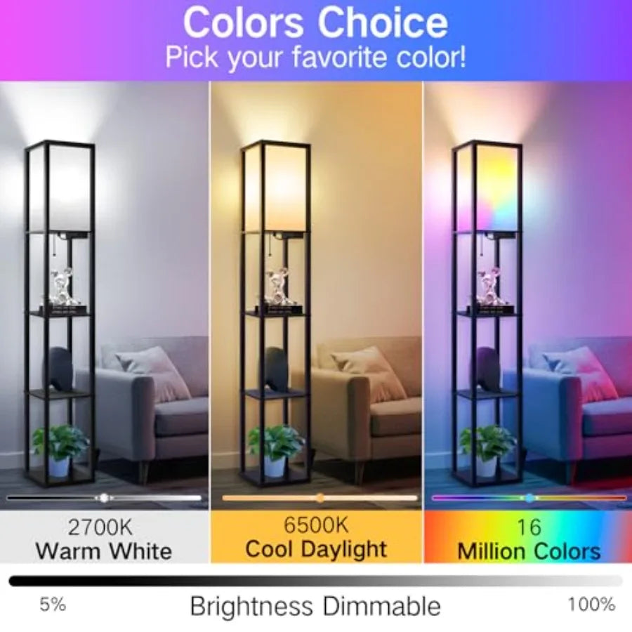 Floor Lamp with Shelves, LED Dimmable Floor Lamp with Remote and App Control, Charging Station, Color Changing,