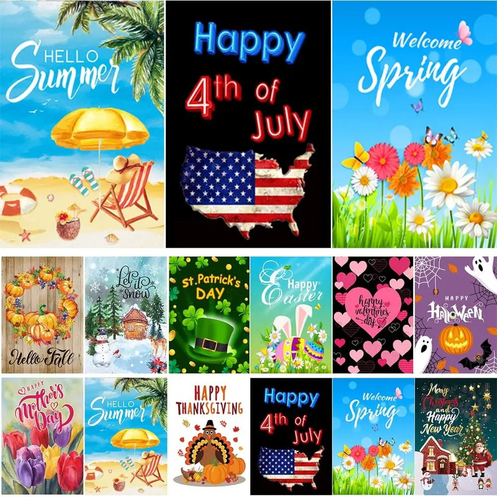Double-Sided 12x18 Inch Seasonal Garden Flags Set of 12, Ideal for Outdoor Spring and Christmas Decor