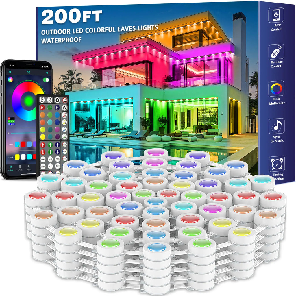 200FT Permanent Outdoor LED Eaves Lights RGB Waterproof Smart String Lights App Remote Control Color Changing Lamp for House Roof Garden
