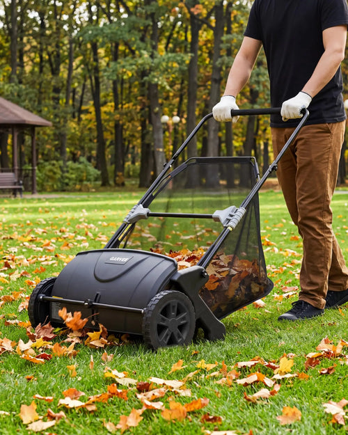 21 Inch Push Lawn Sweeper 3.5 Cubic Feet Hopper Leaf And Grass Collector 4 Spinning Brushes Adjustable Brush Height Manual Yard Sweeper For Grass Clippings Leaves And Light Debris