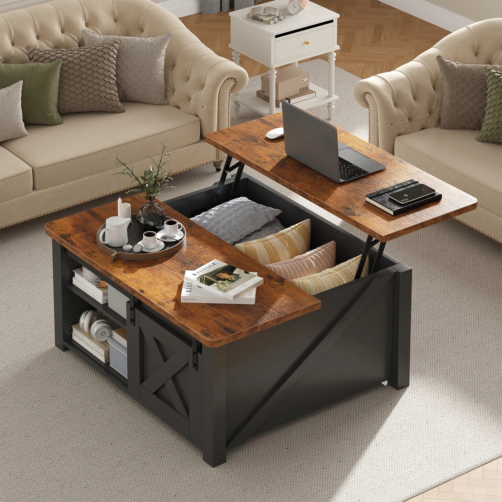 31.5IN Wood Lift Top Coffee Tables Square Living Room Adjustable Storage Shelf Easy Lift Or Lower For Tea Dining Tables