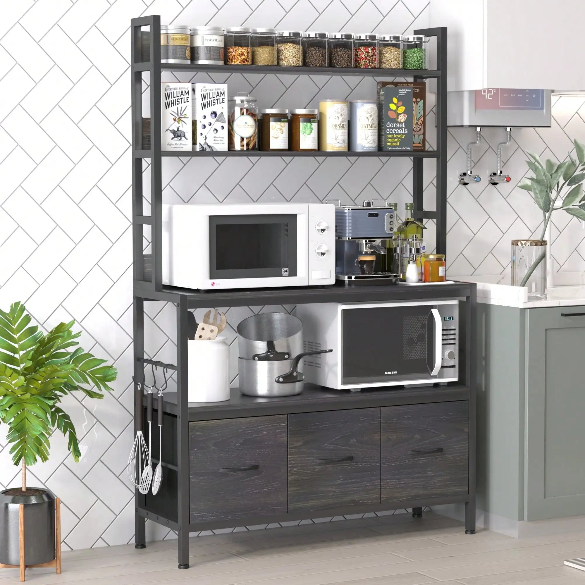 Kitchen Bakers Rack With 3 Baskets,5-Tier Free Standing Kitchen Storage