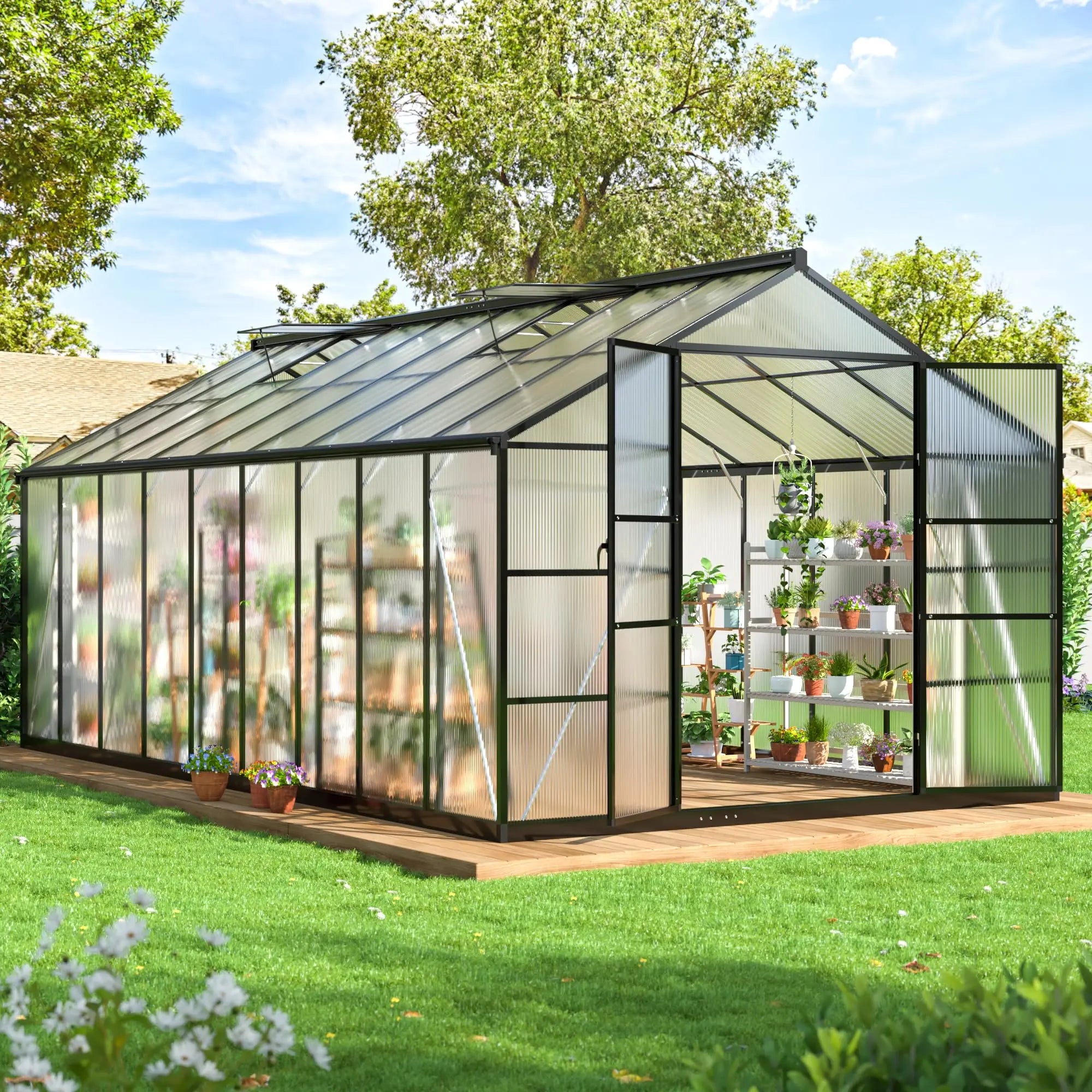 4x6~10x18FT Multi-Size Polycarbonate Greenhouse PC Panels Aluminum Frame Vent Roof UV Protection for Backyard Garden Patio