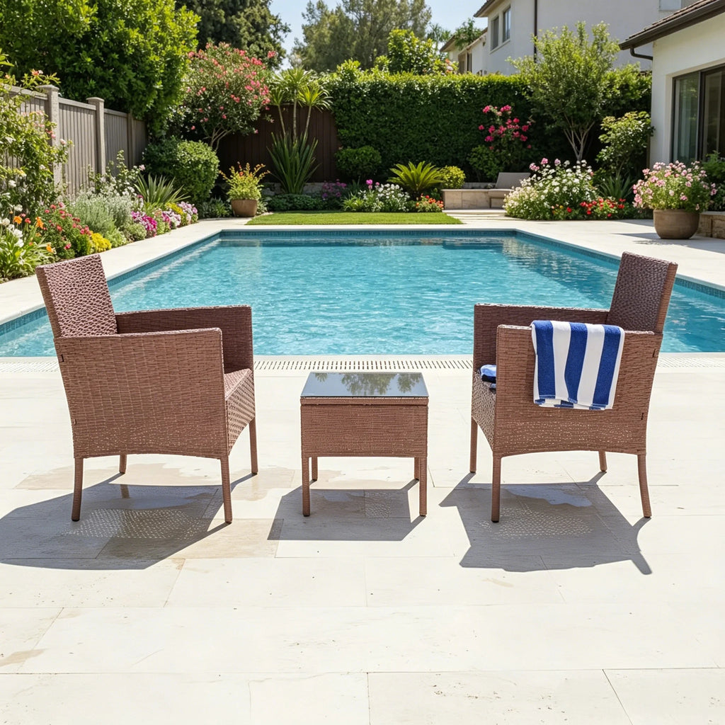 3 piece Rattan Conversation Bistro Set With 2 Chairs & Glass Top Side Table, Brown