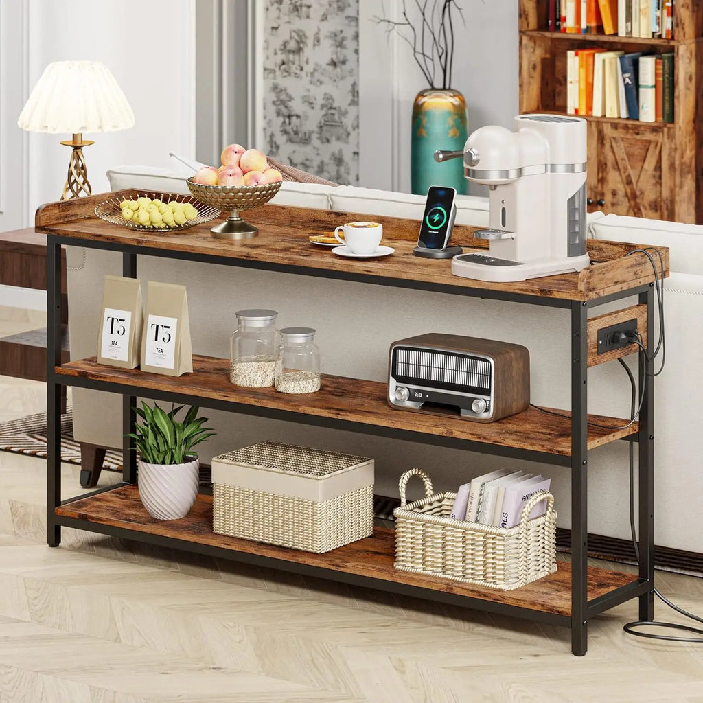 Sofa Table with Power Outlet, Farmhouse Hallway Table for Entryway, Living Room, Height Adjustable, 55"