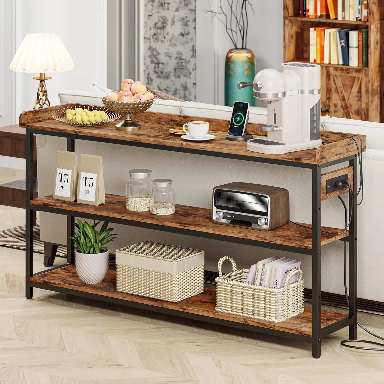 Sofa Table with Power Outlet, Farmhouse Hallway Table for Entryway, Living Room, Height Adjustable, 55"