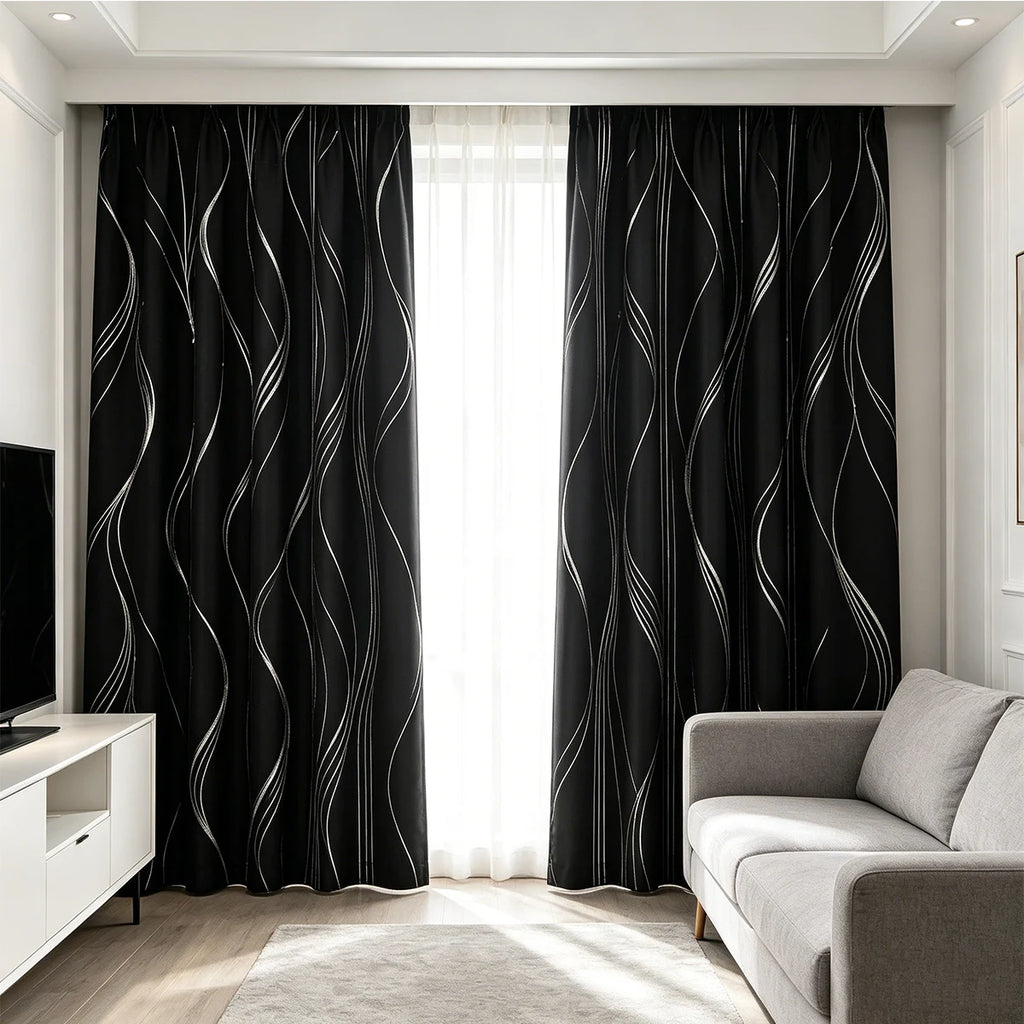 4 Panels 100% Blackout Curtains Silver Wave Foil Pattern Grommet Top